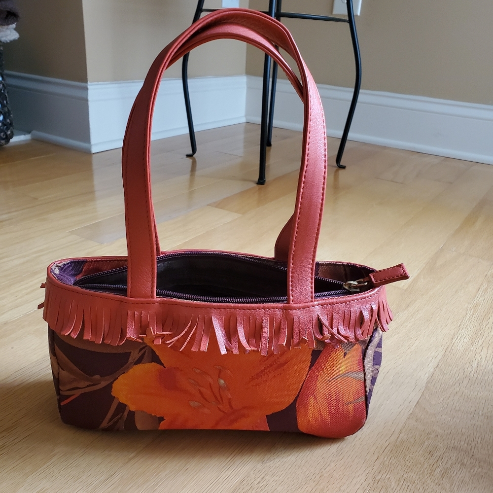 EXPRESS Orange Purple Rust Fringe Floral Purse
